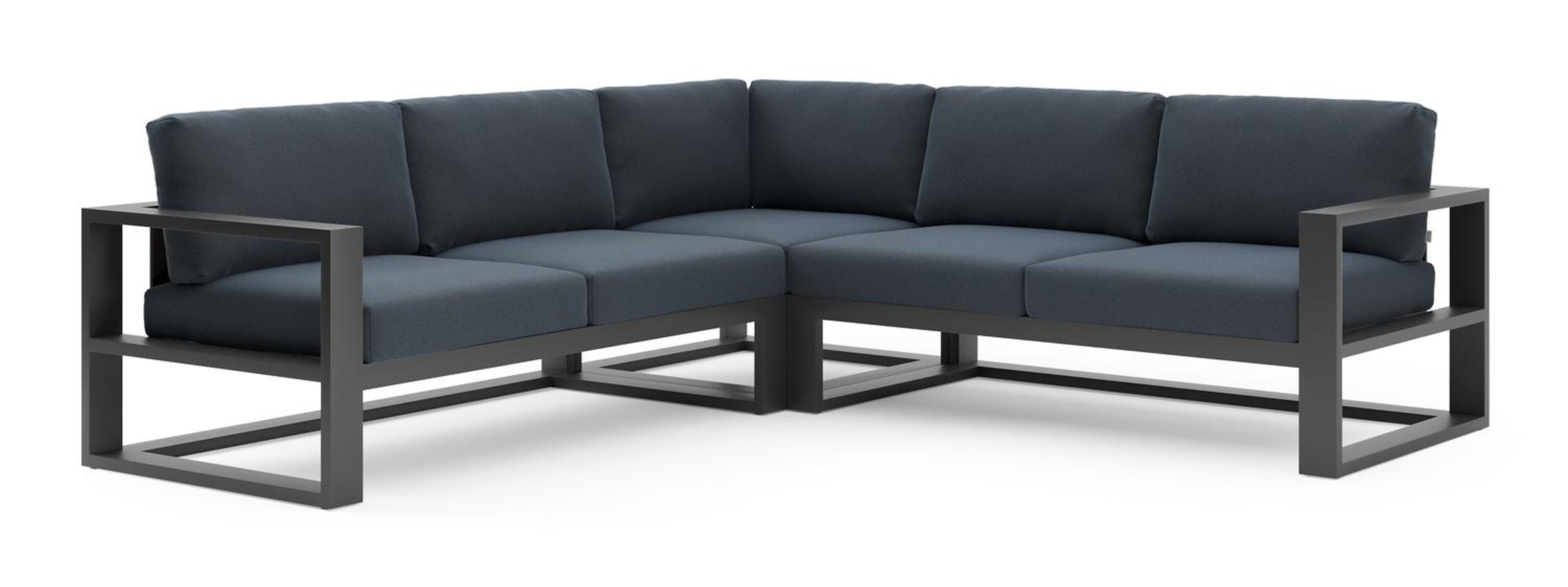 Verato loungehoek in zwart aluminium met heritage indigo all weather sunbrella® luxe kussen