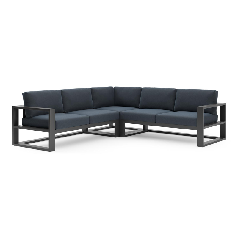 Verato loungehoek in zwart aluminium met heritage indigo all weather sunbrella® luxe kussen