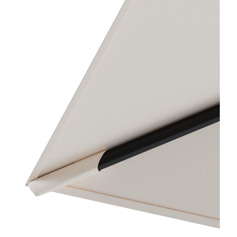 Rufina zweefparasol met tiltfunctie in zwart aluminium en Natte Linen Chalk All Weather Sunbrella® Luxe parasoldoek - L1 400 x L2 300 cm met parasolvoet Minore 150 kg met wielen