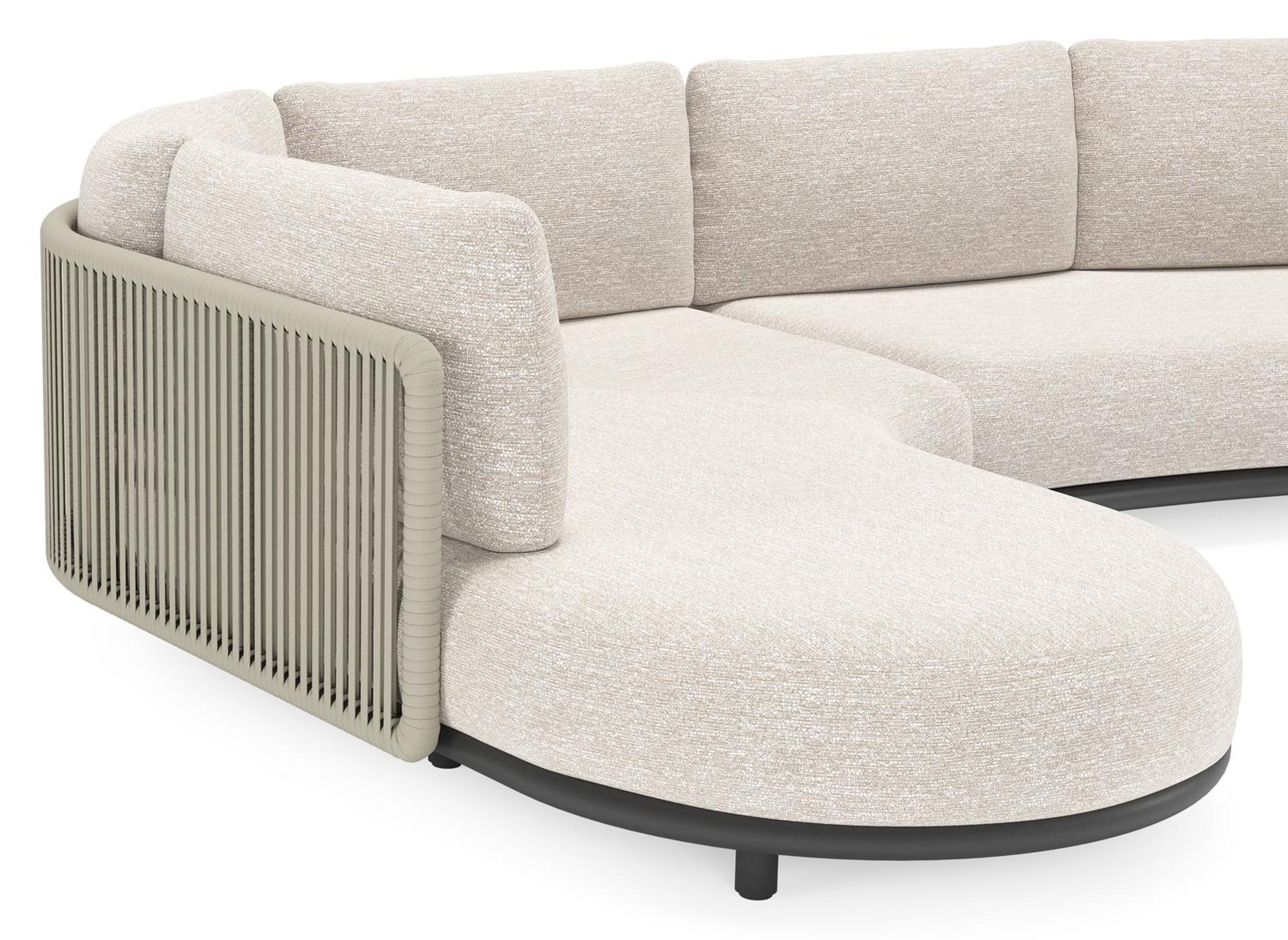Salon de jardin d'angle Lomano en aluminium noir et corde luxe plate tissée verticalement beige et coussins en all weather sunbrella® luxe Tundra Sand