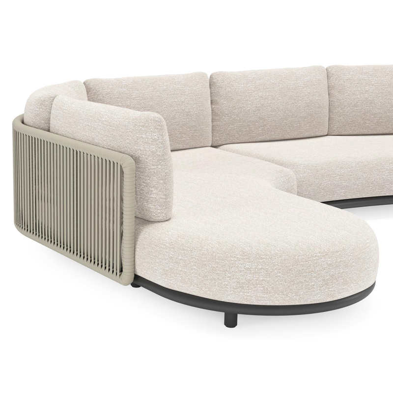 Lomano loungehoek in zwart aluminium en beige verticaal geweven luxe vlakke rope met Tundra Sand all weather sunbrella® luxe