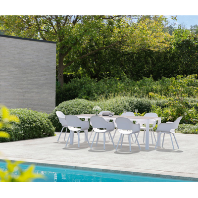 Ensemble de jardin Varese en aluminium blanc avec plateau de table en céramique pleine gris et 8 chaises de jardin Artena