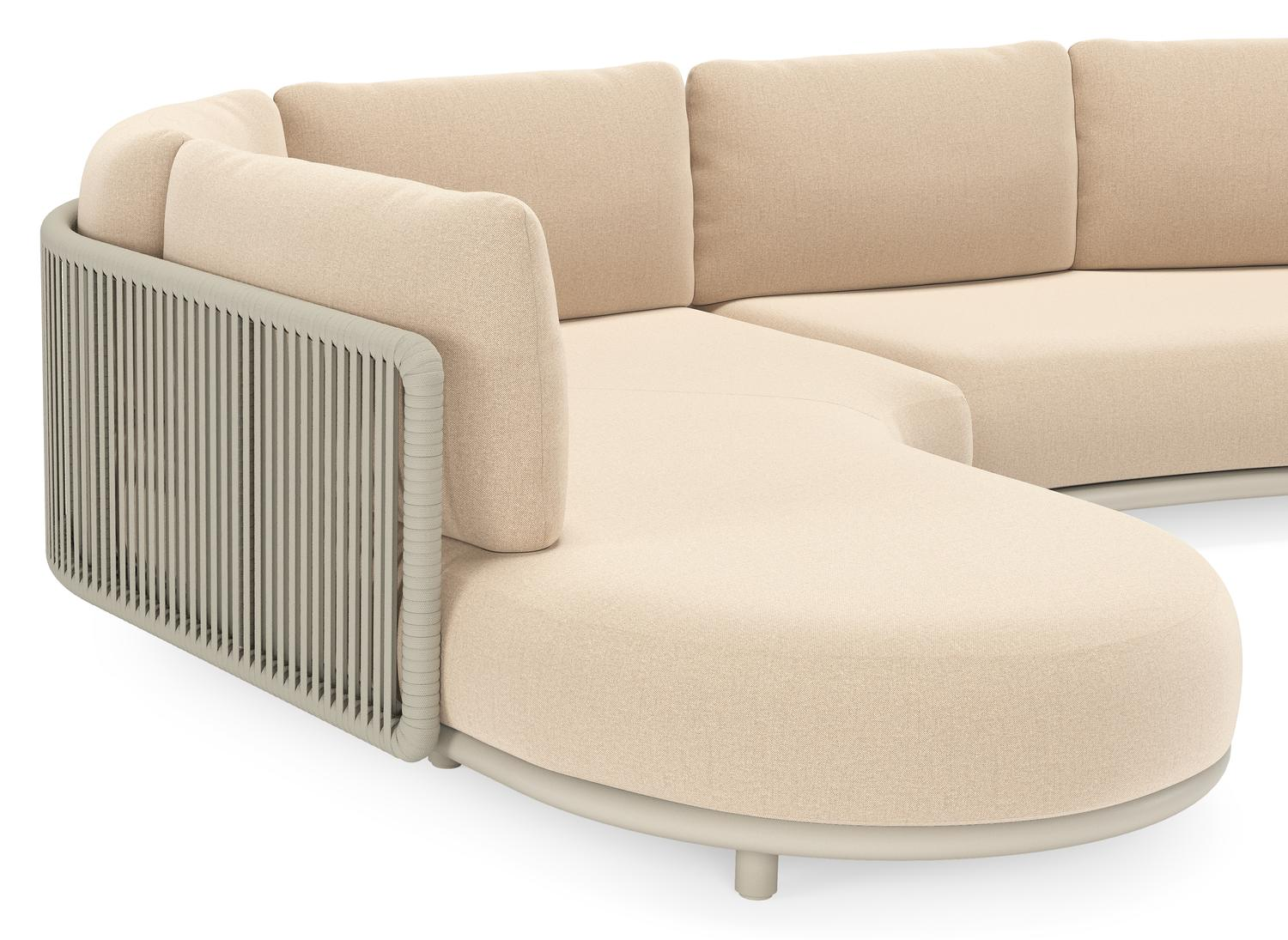 Lomano loungehoek in beige aluminium en beige verticaal geweven luxe vlakke rope met Natte Heather Beige all weather sunbrellaÂ® luxe