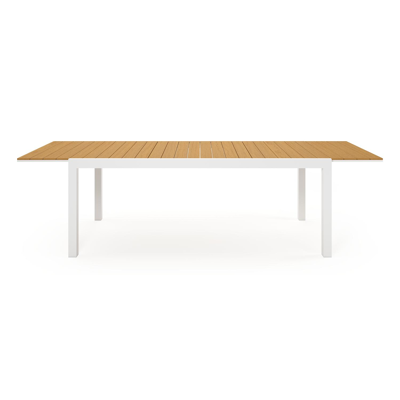 Ensemble de jardin Oviedo avec table extensible en aluminium blanc avec plateau de table en polywood naturel et 8 chaises de jardin empilables Bahia