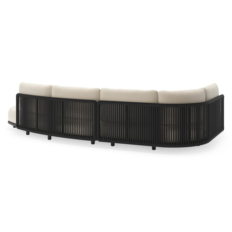 Lomano loungehoek in zwart aluminium en zwart verticaal geweven luxe vlakke rope met althea off white all weather cosytica kussen