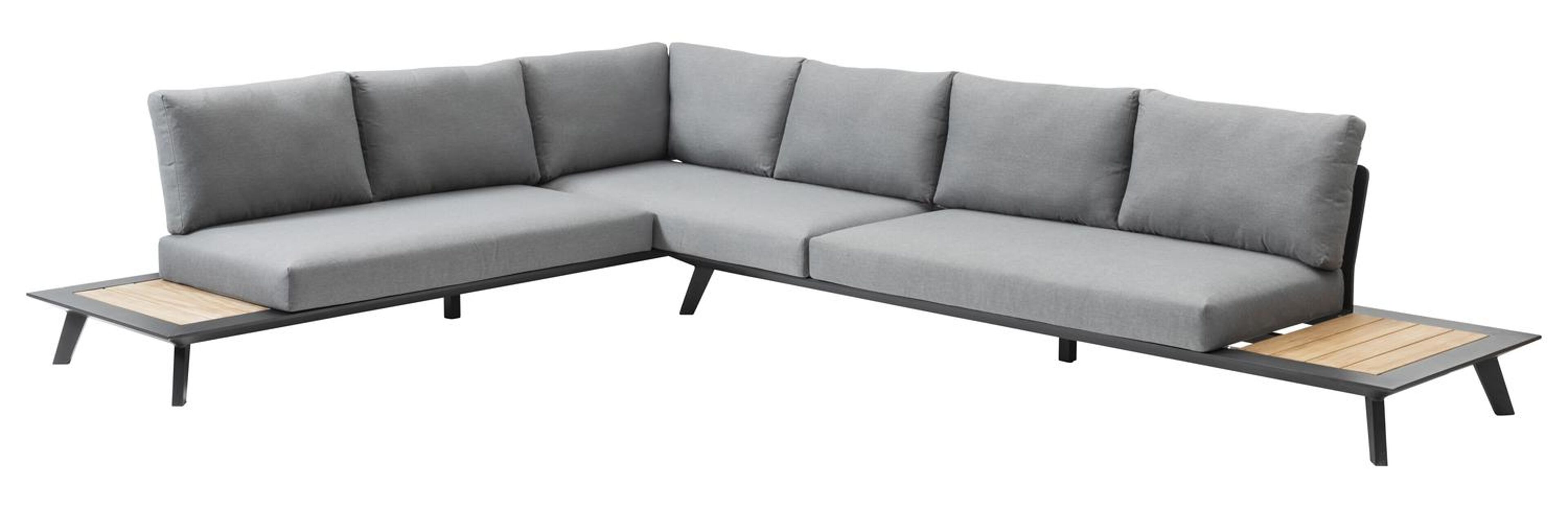 Salon de jardin d'angle Puglia en aluminium noir et teck avec coussin en gris weather+ softtouch