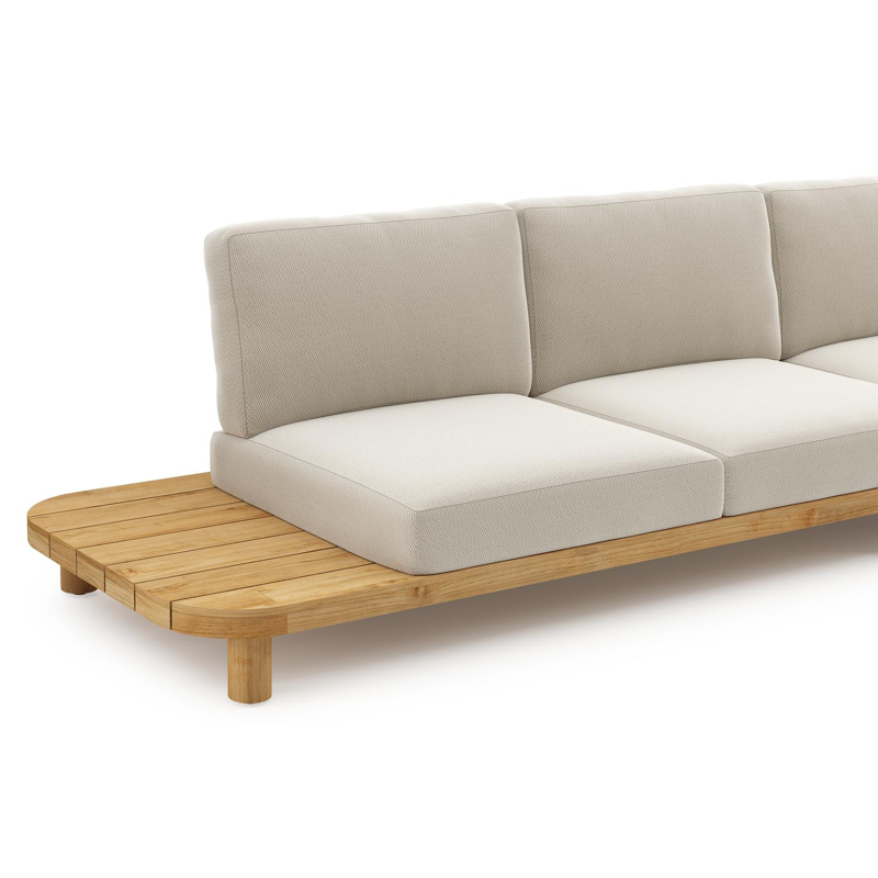 Donato loungehoek in teak en beige verticaal geweven ronde rope met all weather sunbrella® luxe Lopi Marble kussen