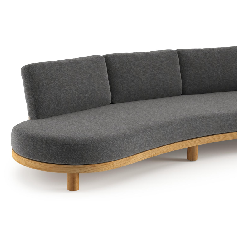 Canapé de jardin Donato en teck et corde ronde tissée verticalement beige et coussins en all weather sunbrella® luxe Savane Tornado