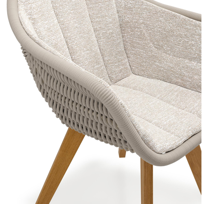 Pagino tuinstoel in teak en beige verticaal geweven ronde rope met zitkussen in All Weather Sunbrella® Luxe Tundra Sand