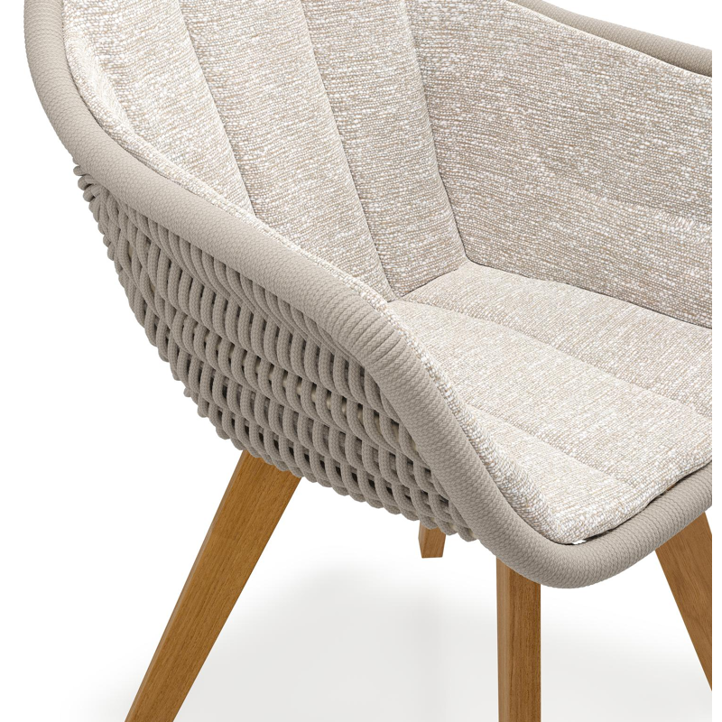 Pagino tuinstoel in teak en beige verticaal geweven ronde rope met zitkussen in All Weather Sunbrella® Luxe Tundra Sand