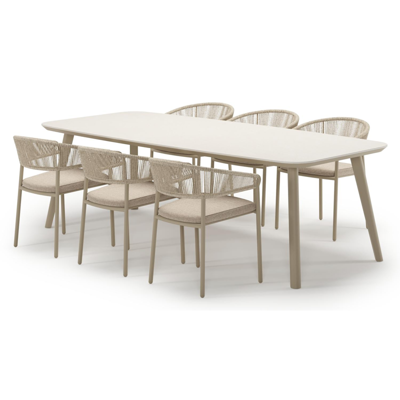 Ensemble de jardin Mosa en aluminium beige et sintered stone crema minerale avec 6 chaises de jardin empilable Zamora