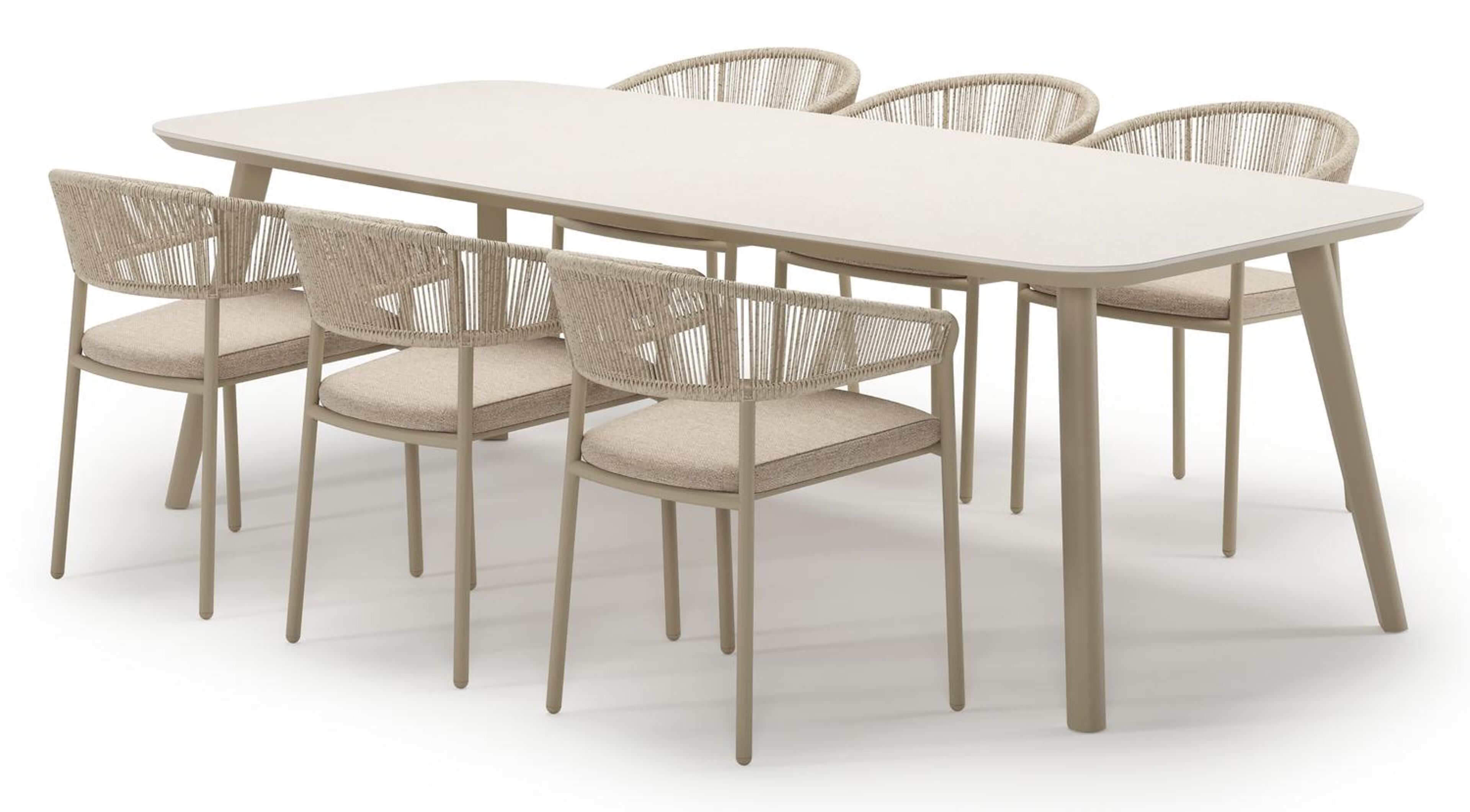 Ensemble de jardin Mosa en aluminium beige et sintered stone crema minerale avec 6 chaises de jardin empilable Zamora