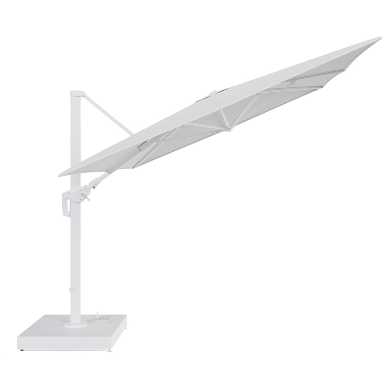 Minore zweefparasol met tiltfunctie in wit aluminium en Ego Birch All Weather Solica parasoldoek - L1 400 x L2 300 cm met parasolvoet Minore 260 kg met wielen