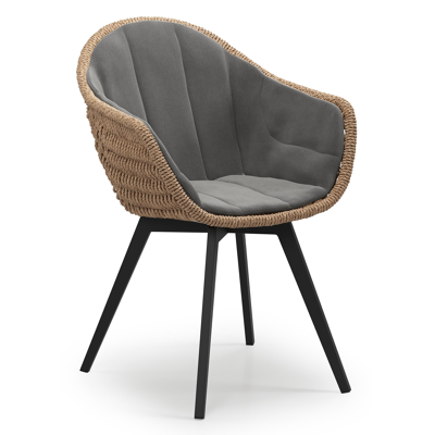 Chaise de jardin Pagino en aluminium noir et résine tressée ronde naturel avec coussin en natte charcoal chine all weather sunbrella® luxe