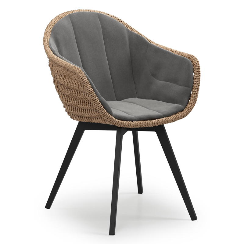 Pagino tuinstoel in zwart aluminium en naturel ronde wicker met kussen in natte charcoal chine all weather sunbrella® luxe