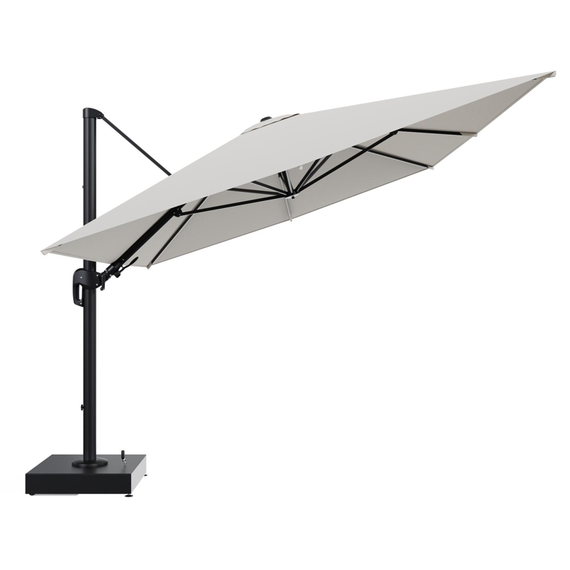 Rufina zweefparasol met tiltfunctie in zwart aluminium en Lopi Marble All Weather Sunbrella® Luxe parasoldoek - L1 400 x L2 300 cm met parasolvoet Minore 150 kg met wielen