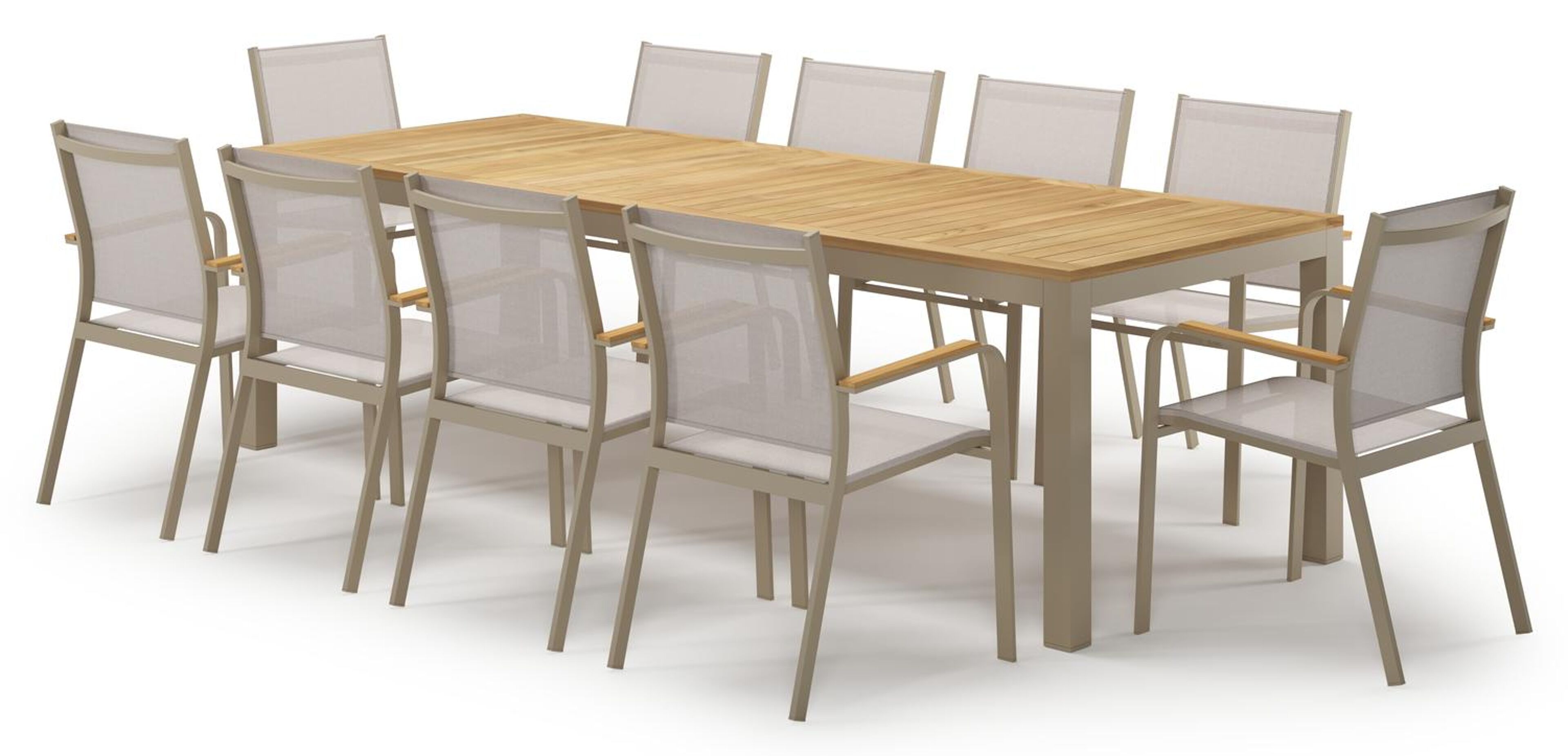 Ensemble de jardin Varese en aluminium beige et teck avec 10 chaises de jardin Amalfi