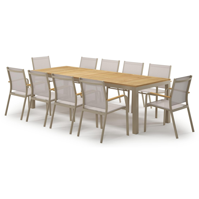 Ensemble de jardin Varese en aluminium beige et teck avec 10 chaises de jardin Amalfi
