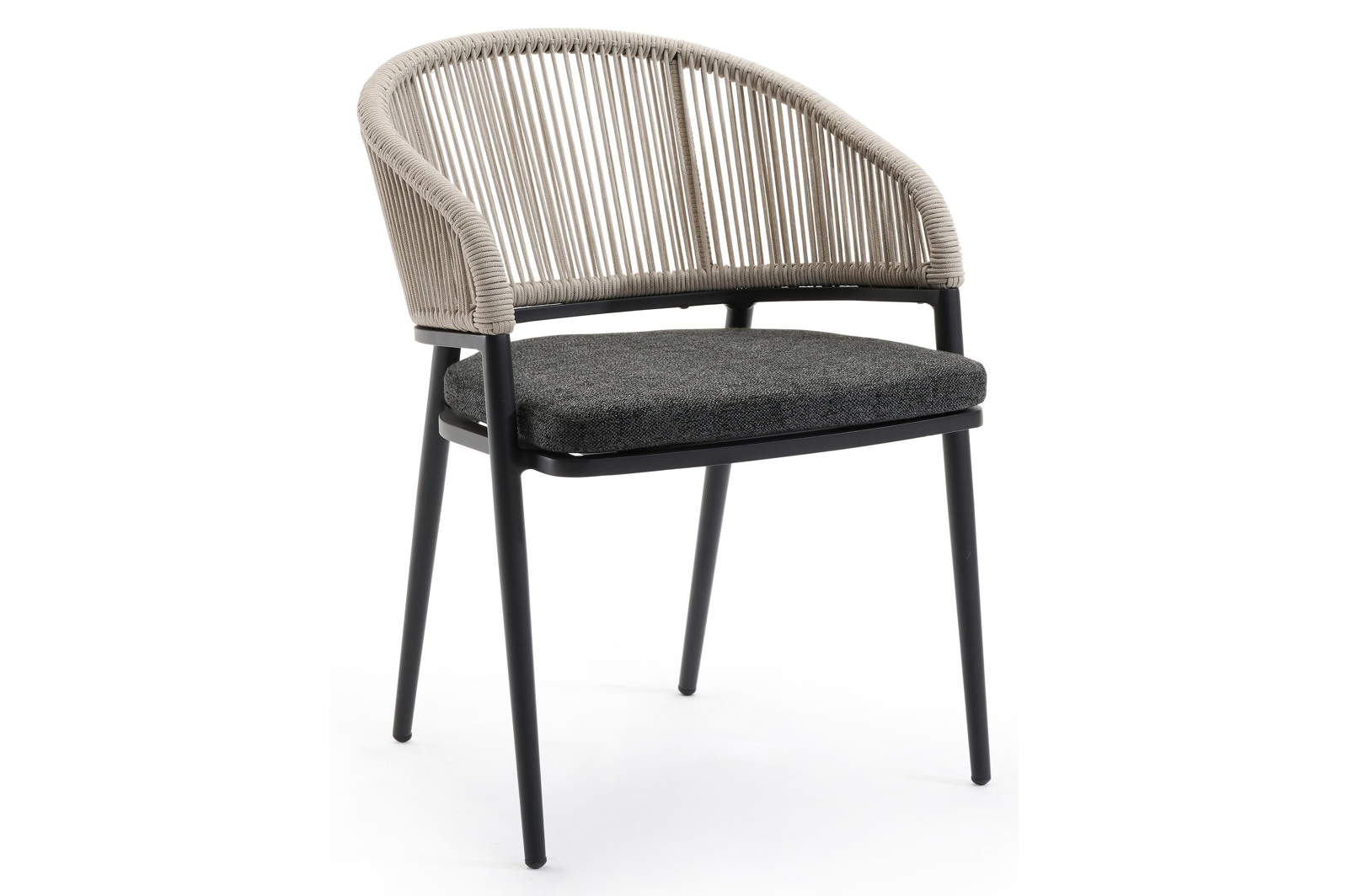 Lacrima tuinstoel in zwart aluminium en beige verticaal geweven ronde rope met kussen in chartres sooty all weather sunbrella® luxe