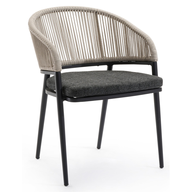 Lacrima tuinstoel in zwart aluminium en beige verticaal geweven ronde rope met kussen in chartres sooty all weather sunbrella® luxe