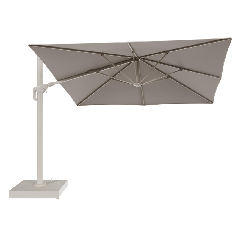 Minore zweefparasol met tiltfunctie in beige aluminium en Heritage Ash All Weather Sunbrella® Luxe parasoldoek - L1: 350 x L2: 350 cm met parasolvoet Minore 260 kg met wielen