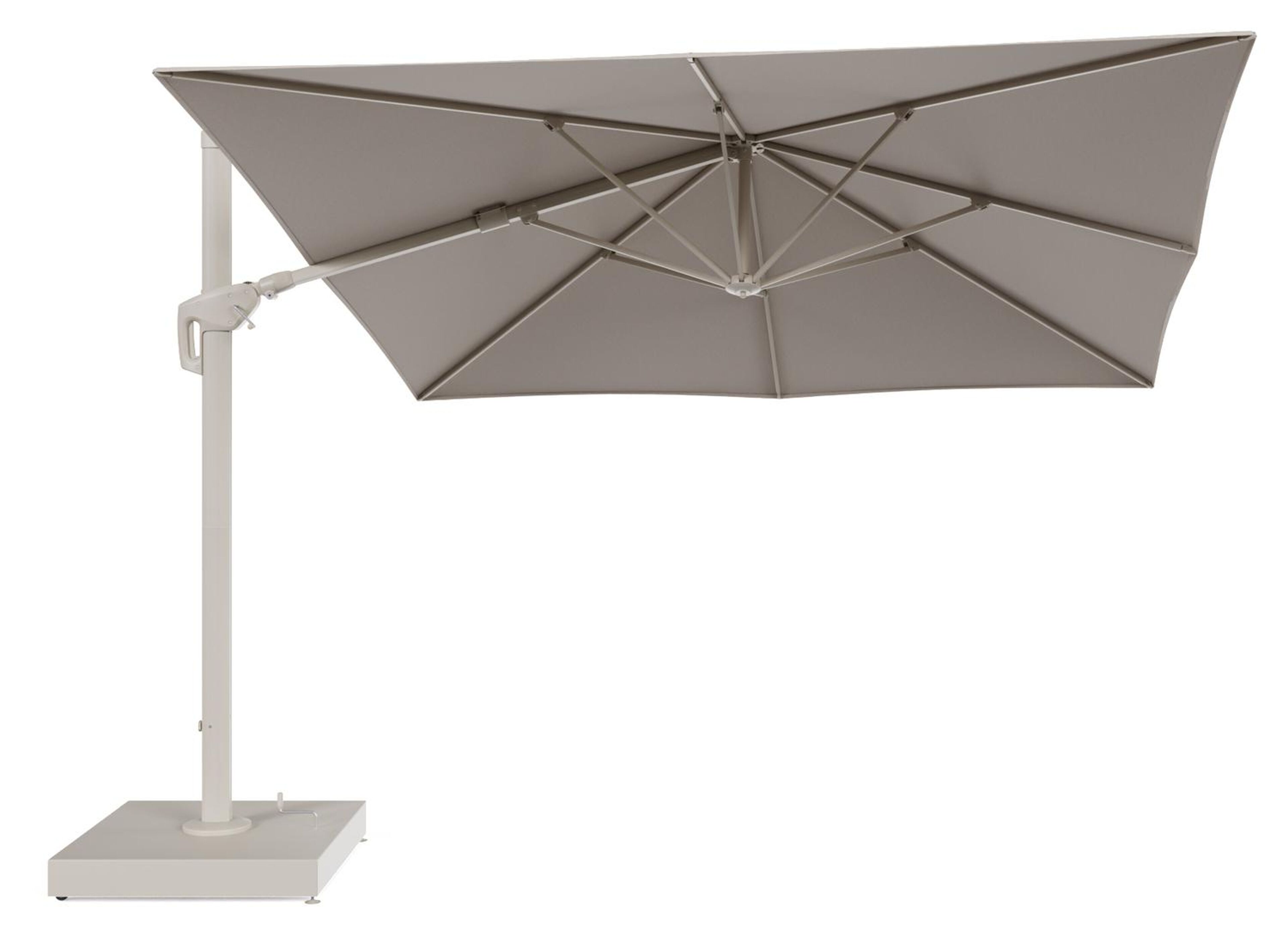 Minore zweefparasol met tiltfunctie in beige aluminium en Heritage Ash All Weather Sunbrella® Luxe parasoldoek - L1: 350 x L2: 350 cm met parasolvoet Minore 260 kg met wielen
