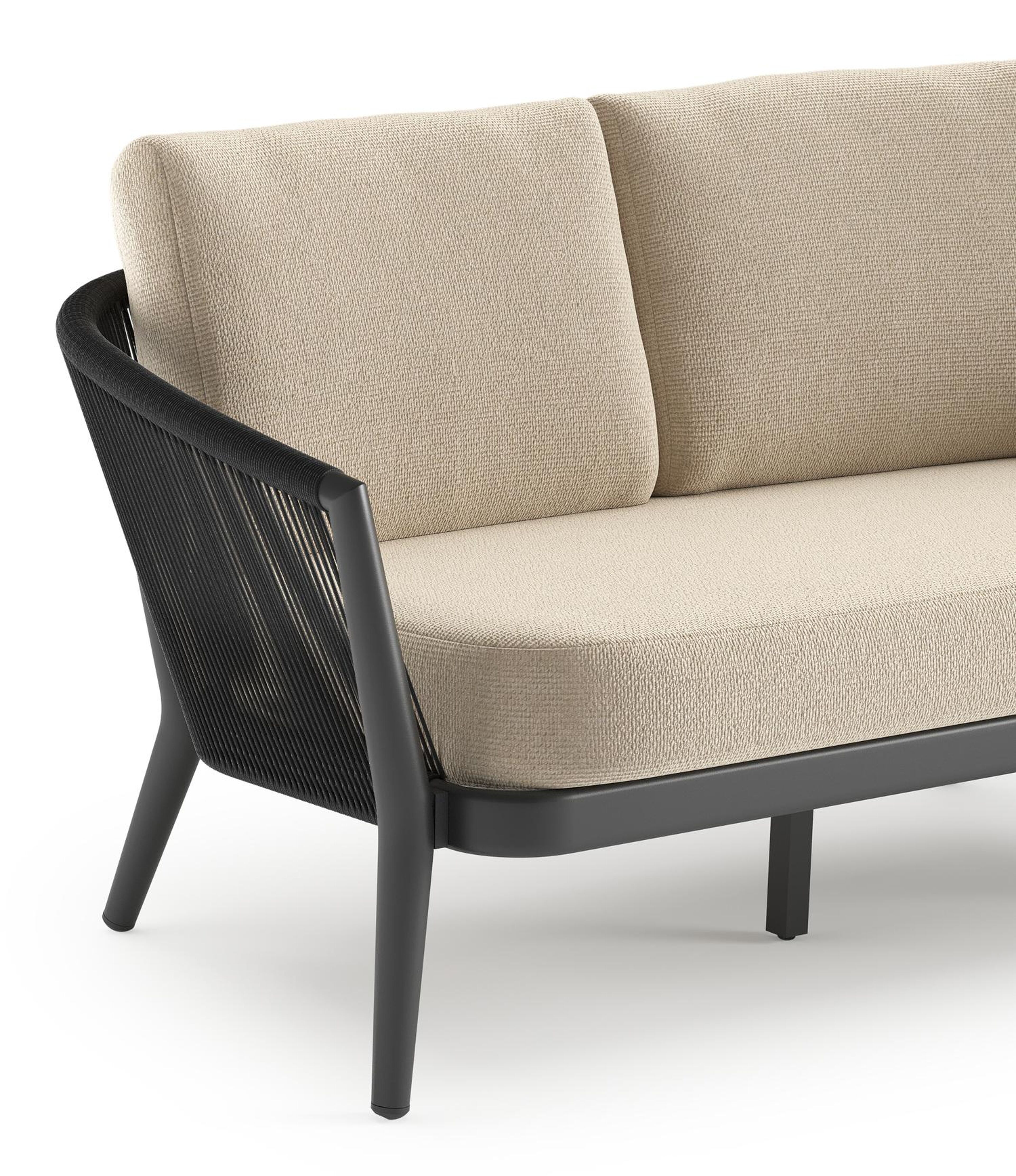 Canapé de jardin Orso en aluminium noir en corde ronde tissée verticalement noir et coussins en all weather cosytica Althea Chalk