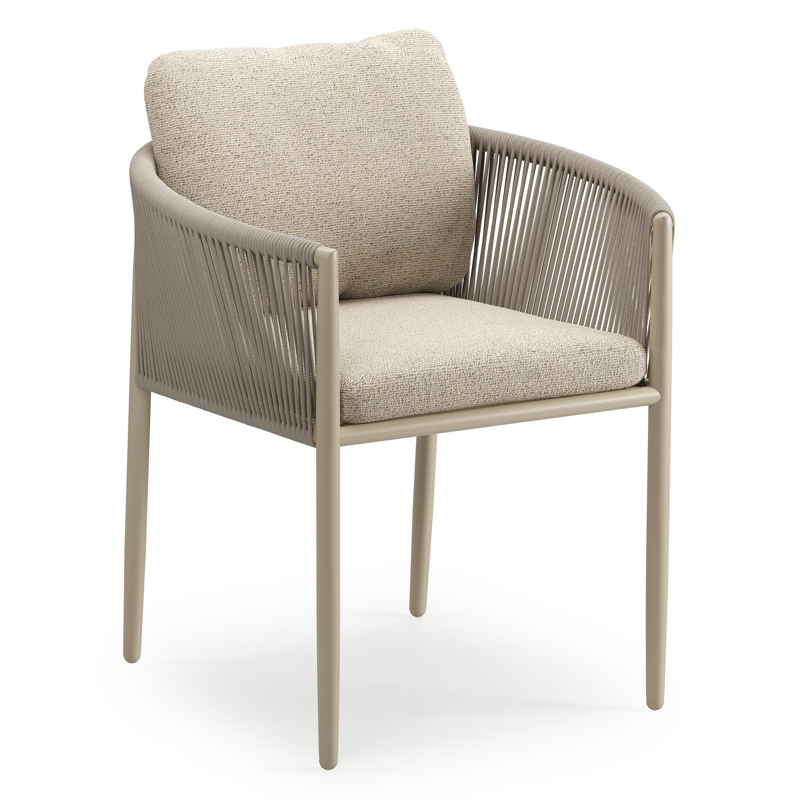 Organo tuinstoel in zwart aluminium en beige verticaal geweven ronde rope met stoelkussen in All Weather Cosytica Marbella Beige