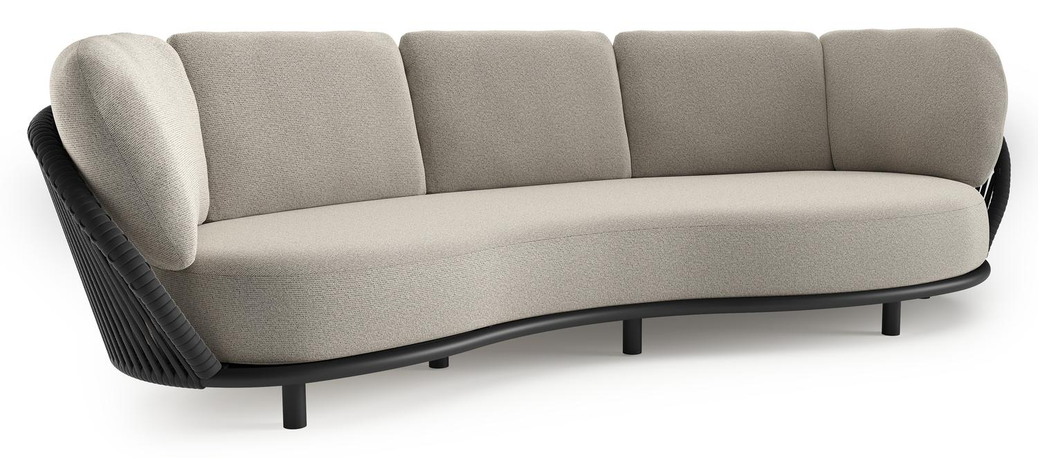 Lupino loungebank in zwart aluminium en zwart verticaal geweven luxe vlakke brede rope met firenze sand all weather solica kussen