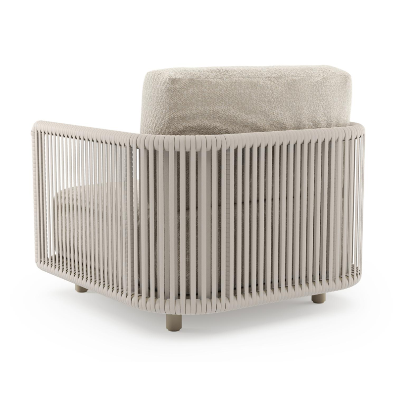 Organo loungestoel in beige aluminium en beige verticaal geweven luxe vlakke rope met marbella ecru all weather Cosytica kussen