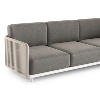 Organo loungehoek in wit aluminium en beige verticaal geweven luxe vlakke rope met chartres drizzle all weather Sunbrella® luxe kussen