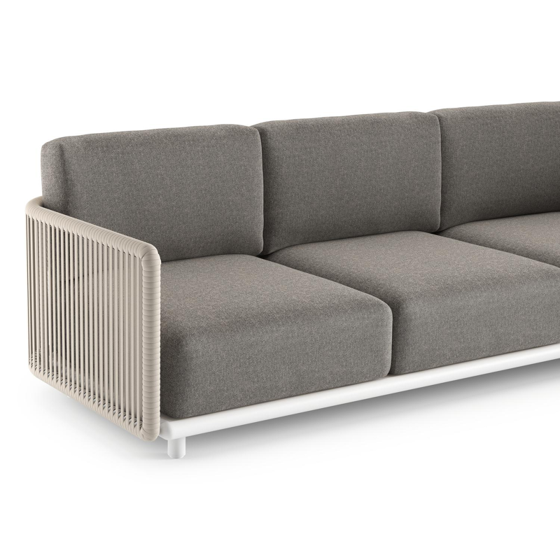 Salon de jardin d'angle Organo en aluminium blanc et corde luxe plate tissée verticalement beige et coussin en all weather Sunbrella® luxe chartres drizzle