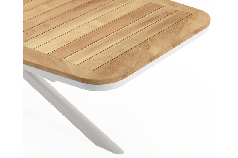 Pamplona bootvormige tuinset in wit aluminium en teak natural finish met 6 Matera tuinstoelen