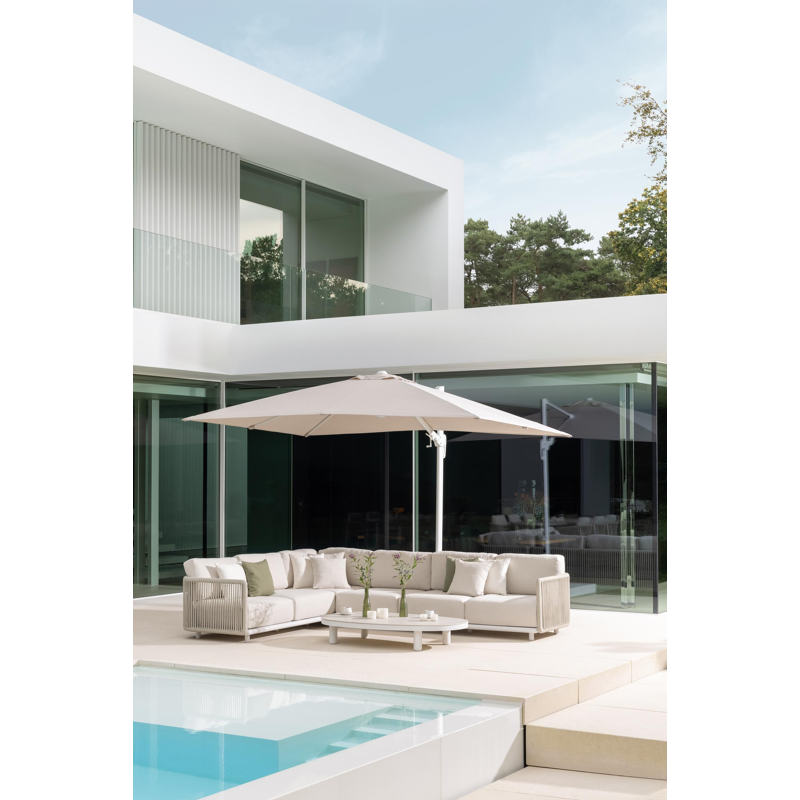 Rufina zweefparasol met tiltfunctie in wit aluminium met beige all weather sunbrella® premium parasoldoek - L1 300 x L2 300 cm (zonder voet)