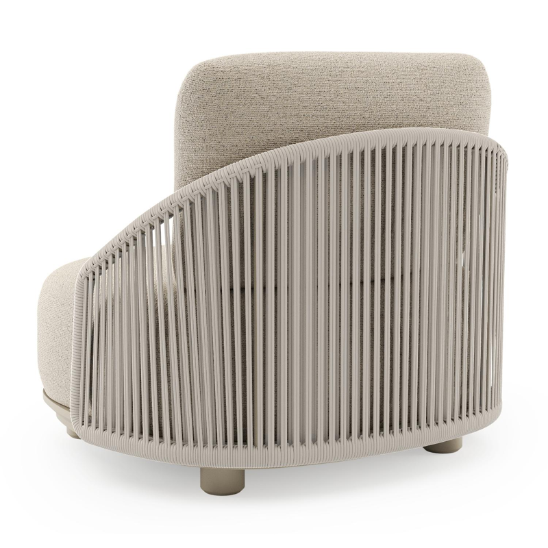 Fauteuil de jardin Vadelo en aluminium beige et corde ronde tissée verticalement beige et coussins en all weather cosytica marbella beige