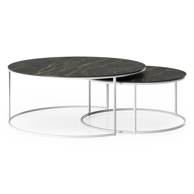 Fano set van 2 loungetafels rond in wit aluminium en volkeramiek Black Obsession - Dia. 85/65 x H 35/30 cm