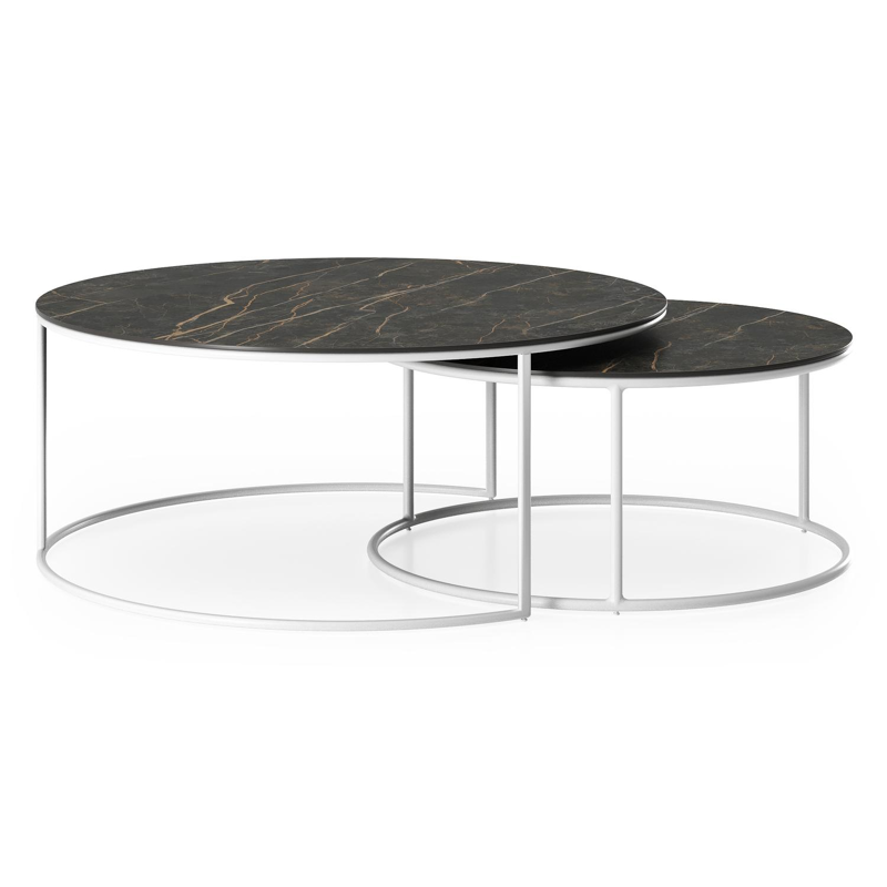 Fano set van 2 loungetafels rond in wit aluminium en volkeramiek Black Obsession - Dia. 85/65 x H 35/30 cm