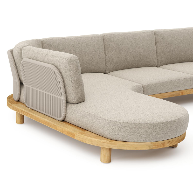Salon de jardin d'angle Donato en teck et corde ronde tissée verticalement beige et coussins en all weather cosytica Catania Beige