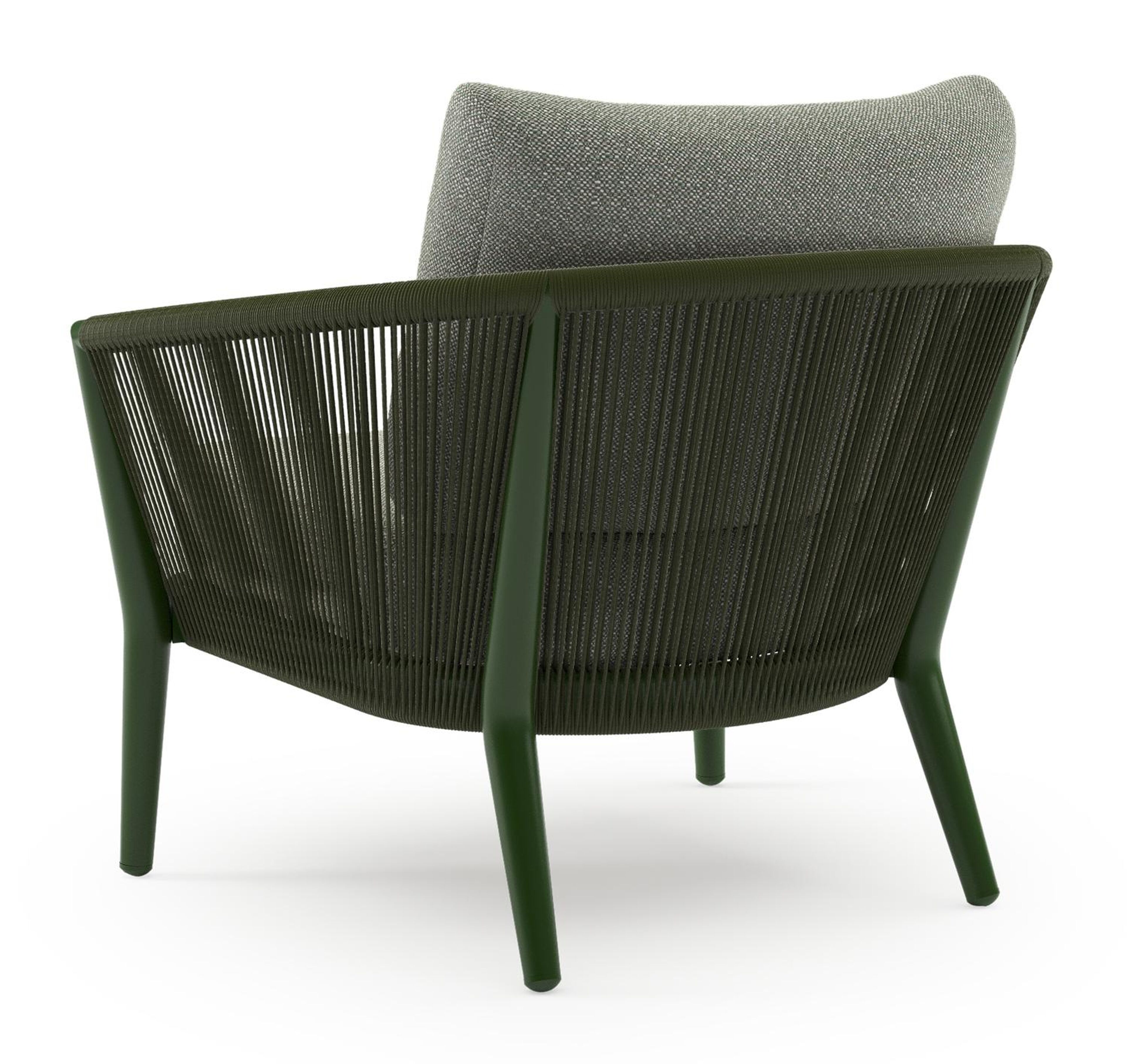 Orso loungestoel in groen aluminium en groen verticaal geweven ronde rope met Savane Leaf all weather sunbrella® luxe kussen