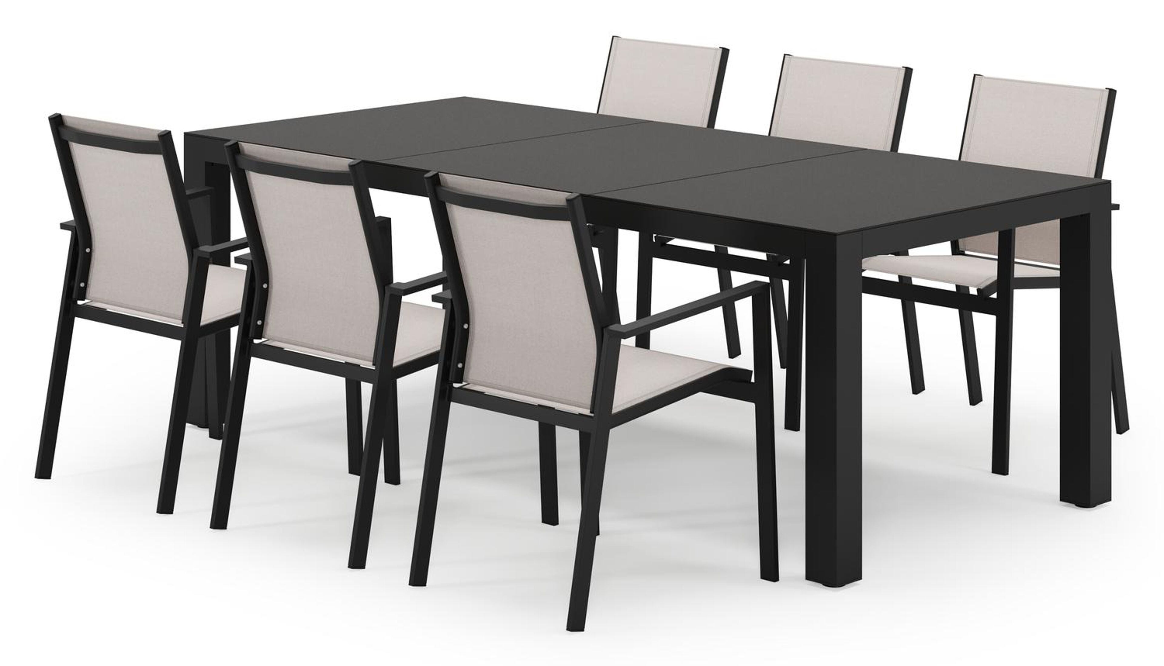 Calzo tuinset in zwart aluminium en zwart sintered stone met 6 stapelbare Bahia tuinstoelen