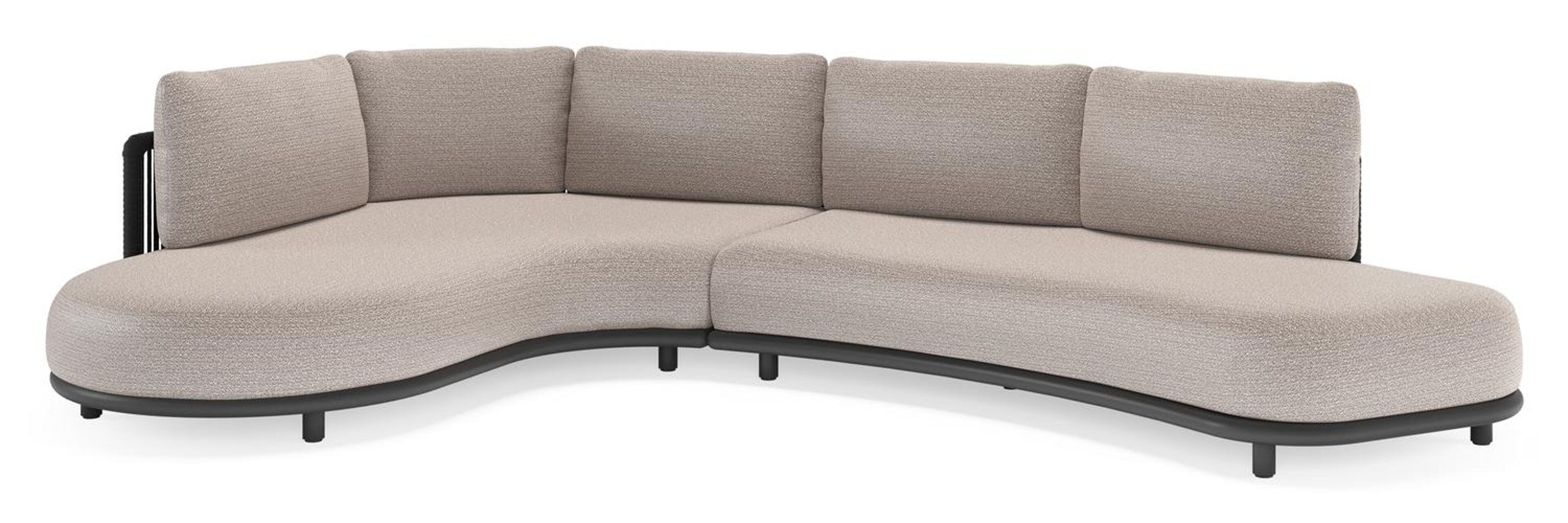 Lomano loungehoek in zwart aluminium en zwart verticaal geweven luxe vlakke rope met wander granite all weather sunbrella® luxe kussen