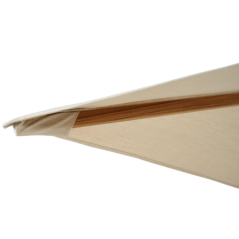 Rufina zweefparasol met tiltfunctie in houtlook met beige all weather sunbrella® premium parasoldoek - L1 300 x L2 400 cm (met voet)