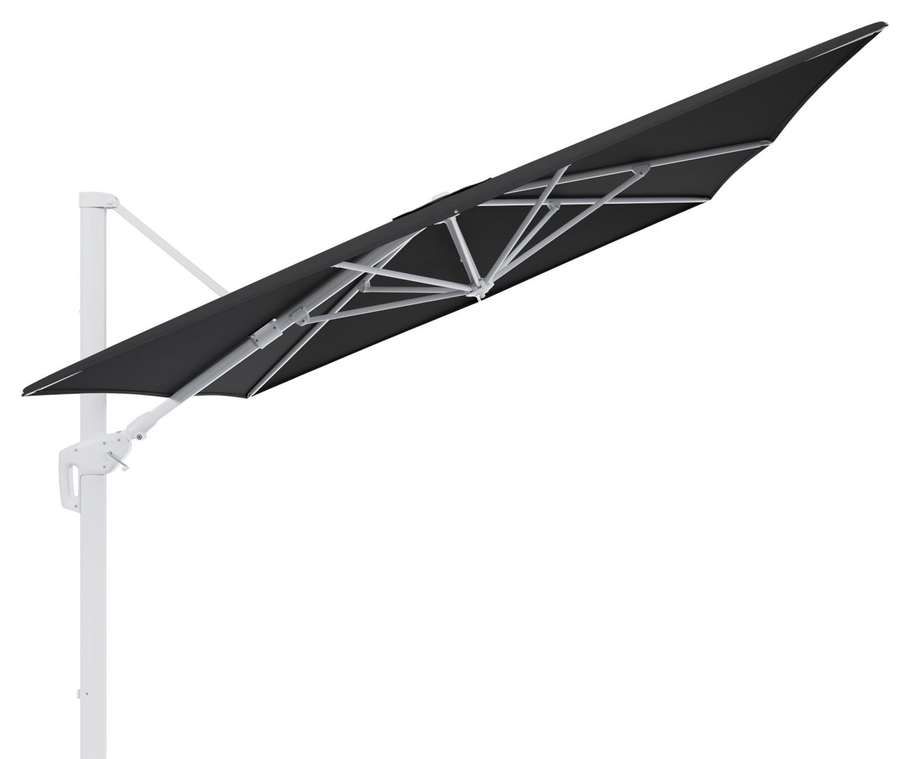 Minore zweefparasol tiltfunctie in wit aluminium en parasoldoek in All Weather Sunbrella® Luxe Natte Sooty  - L1 400 x L2 300 cm (zonder voet)