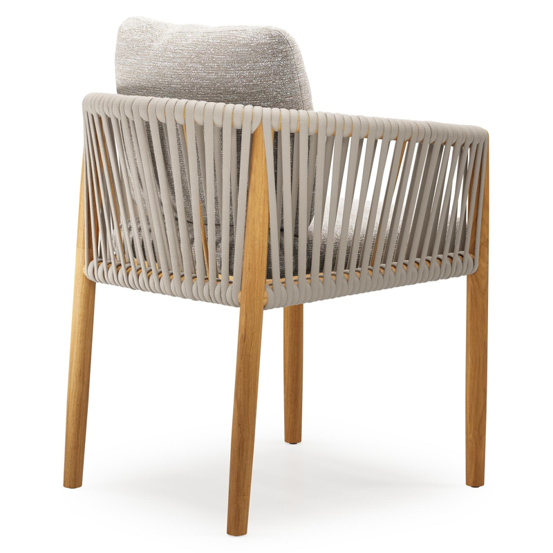 Organo tuinstoel in teak en beige verticaal geweven luxe vlakke rope met zitkussen in All Weather Sunbrella® Luxe Tundra Sand