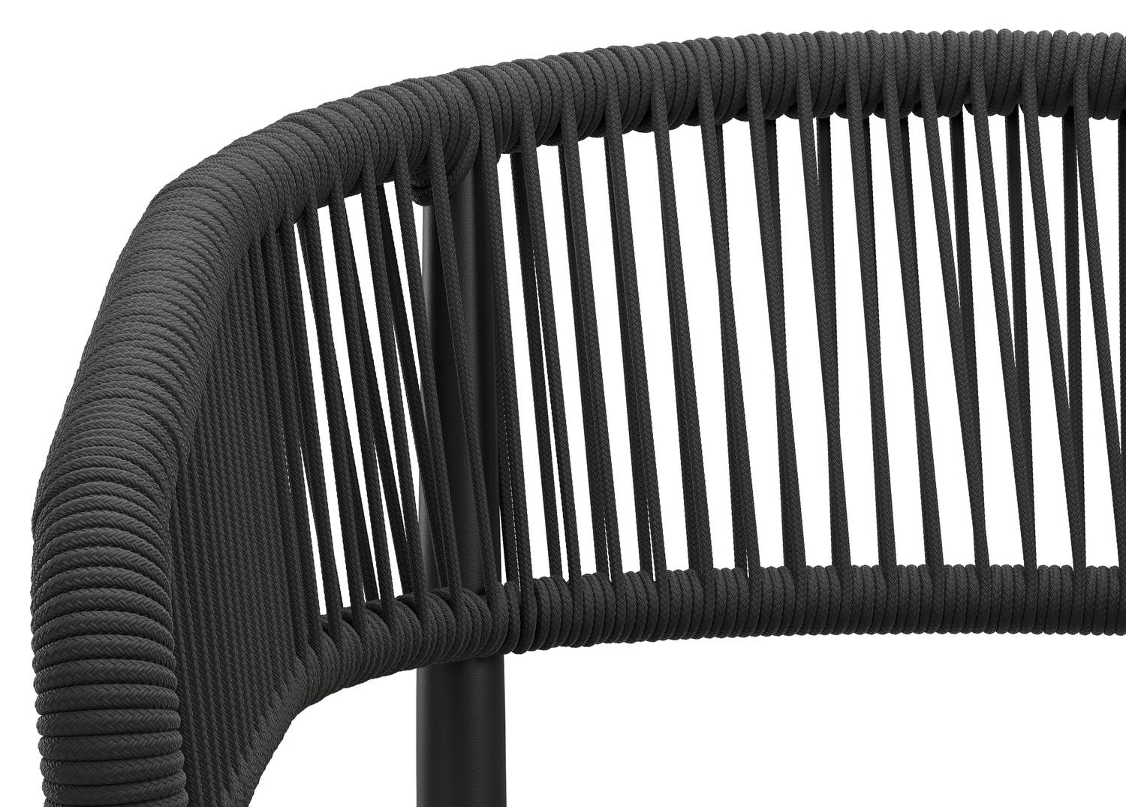 Tolfa stapelbare tuinstoel in zwart aluminium en zwart verticaal geweven ronde rope met stoelkussen in All Weather Sunbrella® Luxe Wander Granite