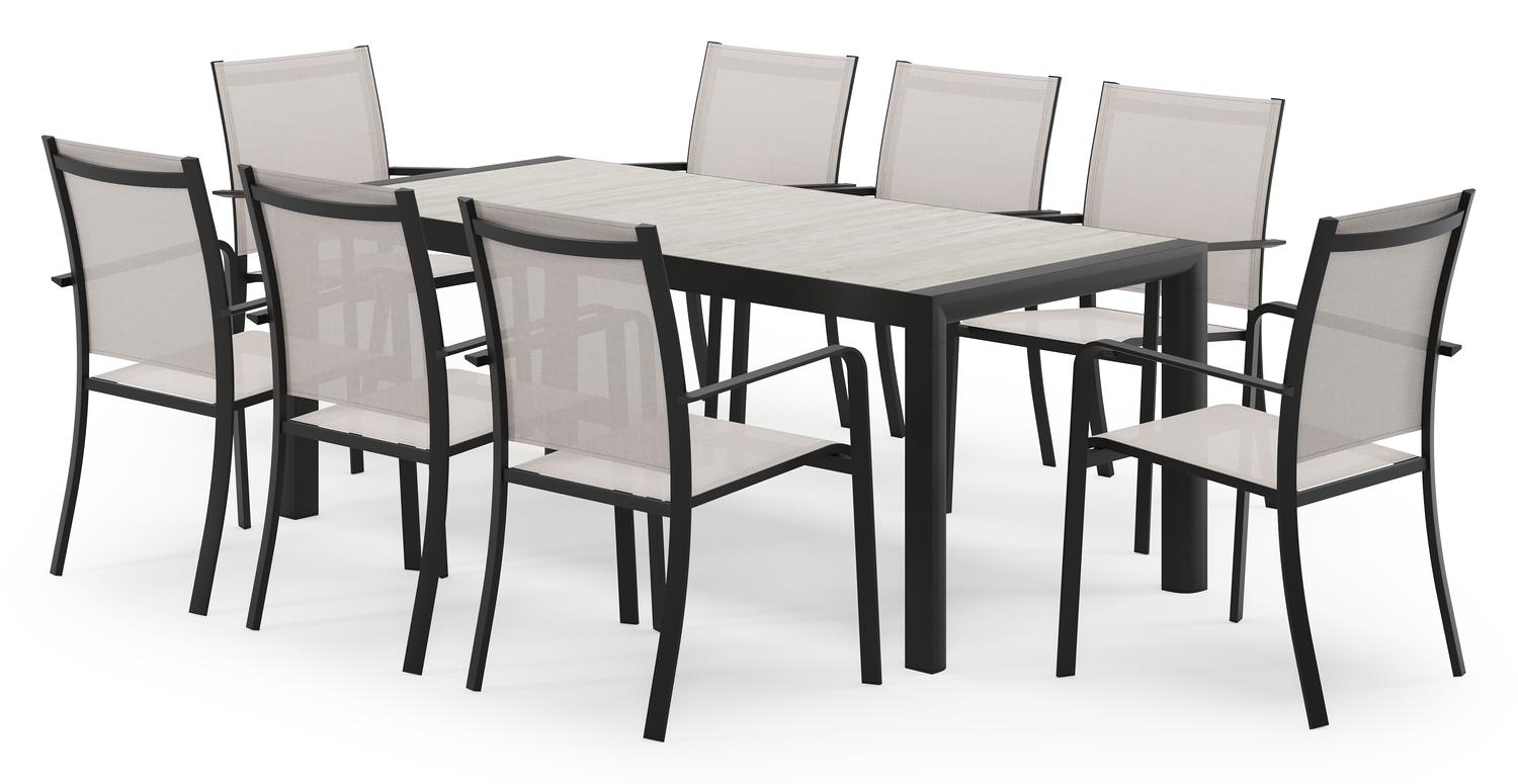 Madura ensemble de jardin rectangulaire en aluminium noir en carreaux en céramique gris avec 8 chaises de jardin Calobra