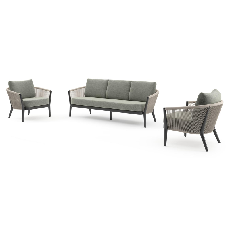 Orso loungeset in zwart aluminium en beige verticaal geweven ronde rope met Savane Leaf all weather sunbrella® luxe kussen