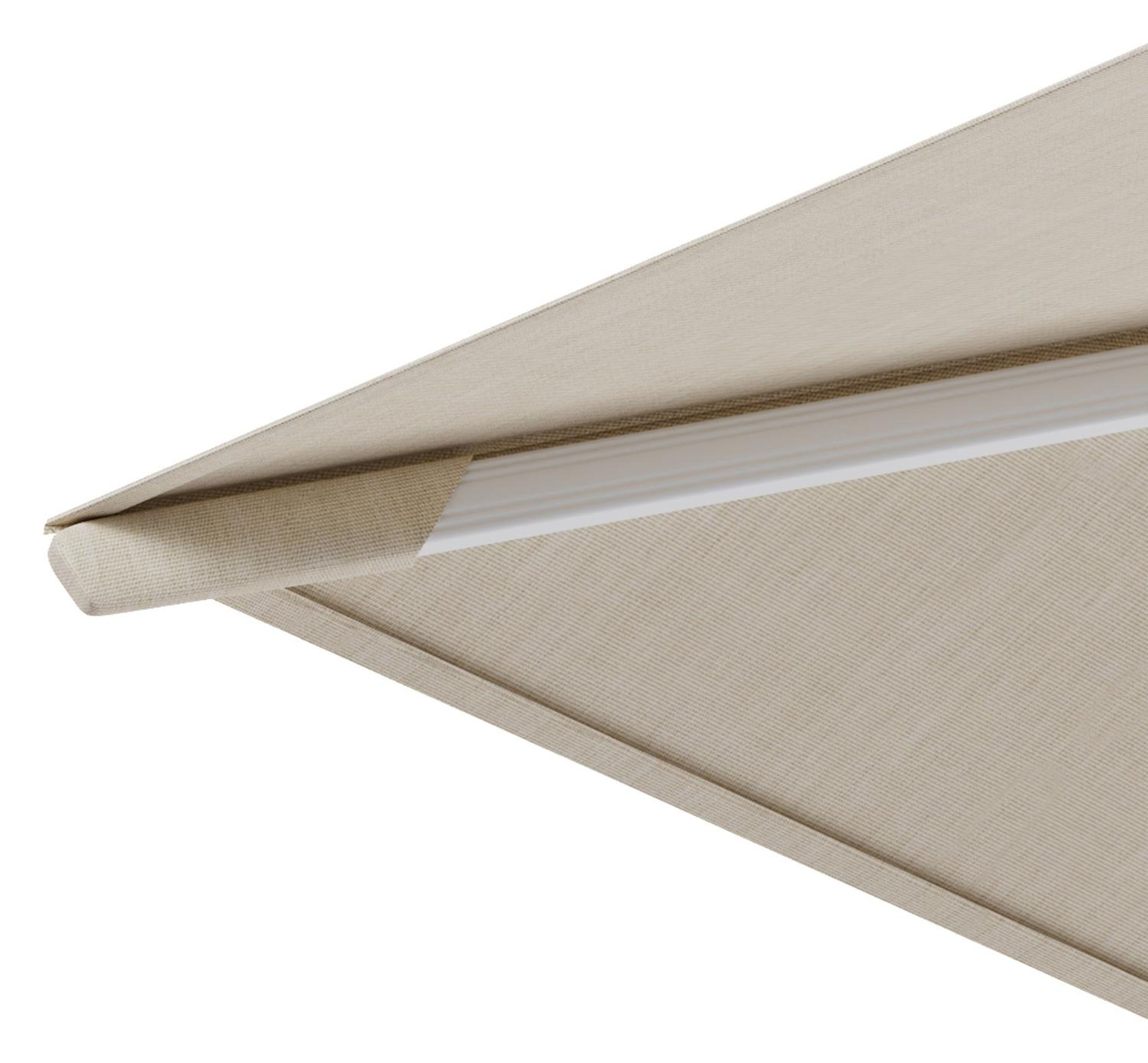 Rufina zweefparasol met tiltfunctie in wit aluminium en beige All Weather Sunbrella® Premium parasoldoek - L1 350 x L2 250 cm met parasolvoet Minore 150 kg met wielen