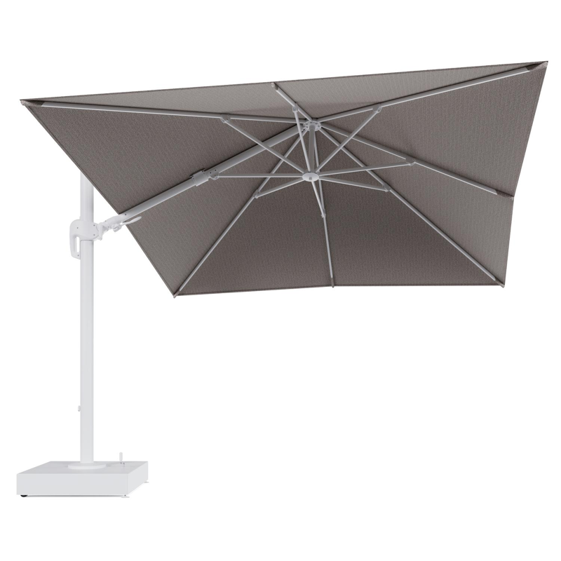 Rufina zweefparasol met tiltfunctie in wit aluminium en Wander Granite All Weather Sunbrella® Luxe parasoldoek - L1 300 x L2 300 cm met parasolvoet Minore 150 kg met wielen