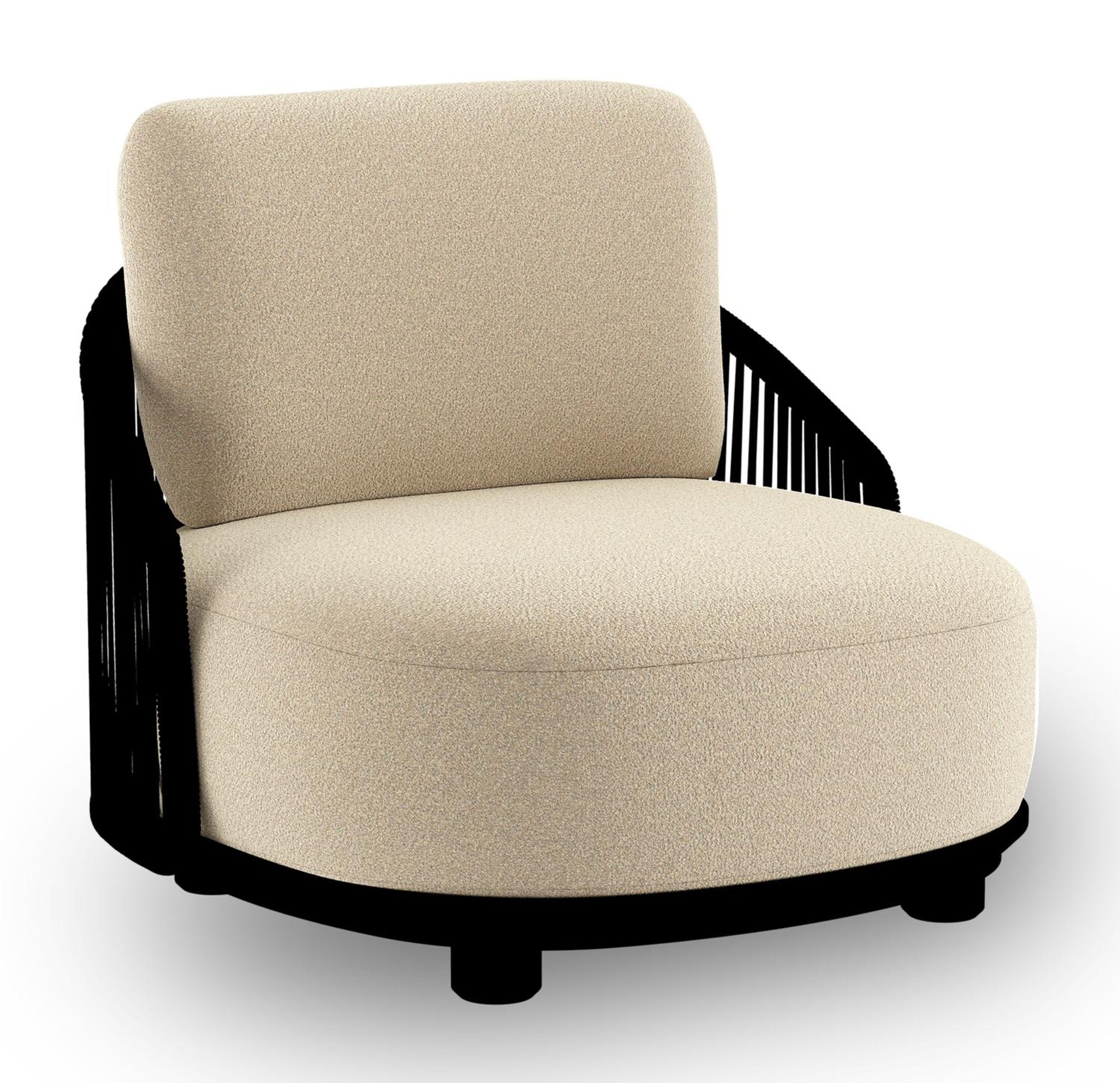 Fauteuil de jardin Vadelo en aluminium noir et corde ronde tissée verticalement noir et coussins en all weather solica soul papyrus